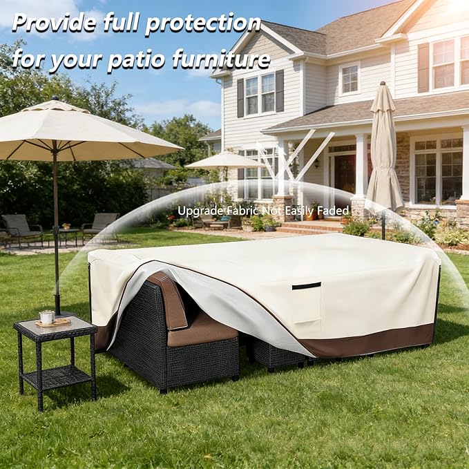 Patio Furniture Covers Waterproof,600D Heavy Duty Patio Cover for 6/7/8 PCS Sets Sectional Sofa Couch Dining Rocking Swivel Chairs Ottomans Coffee Table,110L x 84W x 28H inch Beige & Brown
