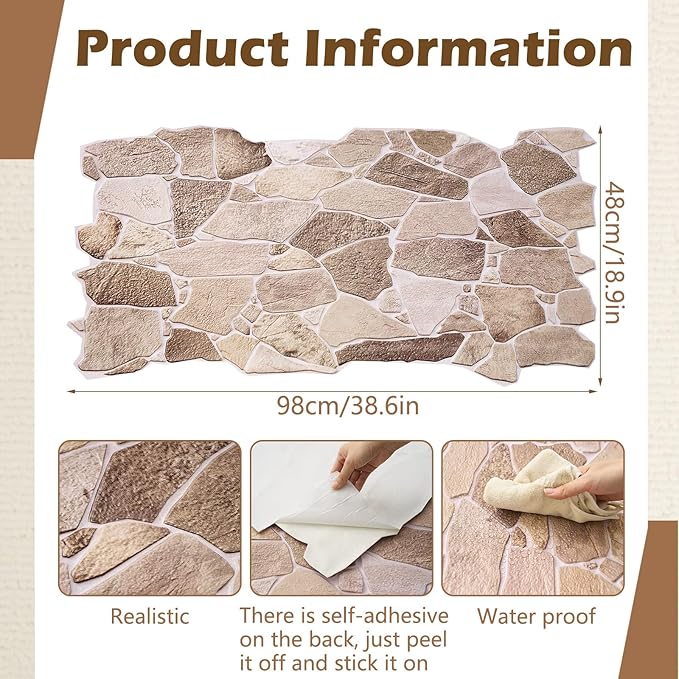 12 Pack 38.6" x 18.9" Peel and Stick 3D Faux Stone Wall Panels PVC Lightweight