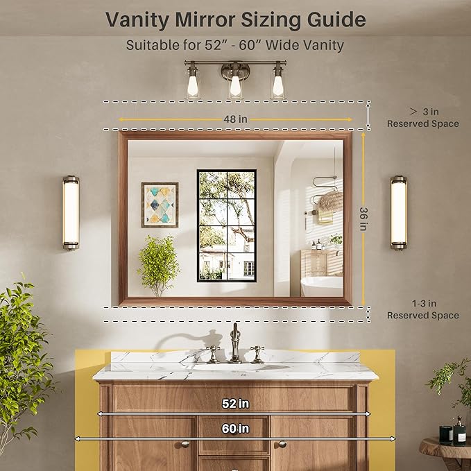48x36 Inch Bathroom Mirror for Wall, Anti-Rust Walnut Wood Grain Metal Framed