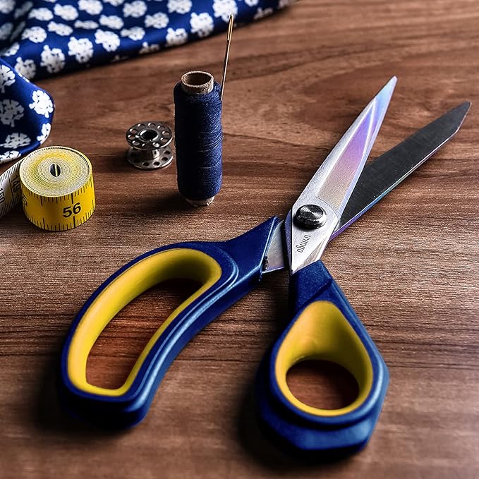 LIVINGO 2 Pack Sharp Fabric Scissors - Heavy Duty Scissors All Purpose, Titanium Coated Forged Sewing Shears for Tailor Dressmaking Crafting Cutting Clothes Leather, 8.5" & 9.5", Blue & Yellow