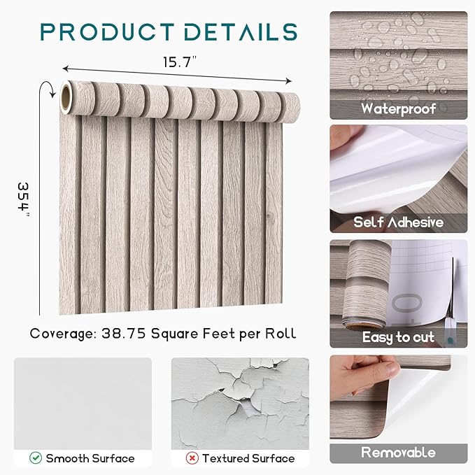 VEELIKE Grey Wooden Slats Peel and Stick Wallpaper Wood Contact Paper