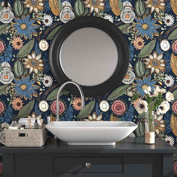 Blue Boho Wallpaper Peel and Stick, Vintage Floral Contact Paper 17.5" x 393.7"
