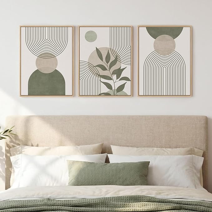 Framed Sage Green Boho Wall Art Bedroom, 3 Piece Beige Bohemian Canvas