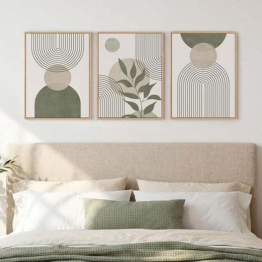 Framed Sage Green Boho Wall Art Bedroom, 3 Piece Beige Bohemian Canvas