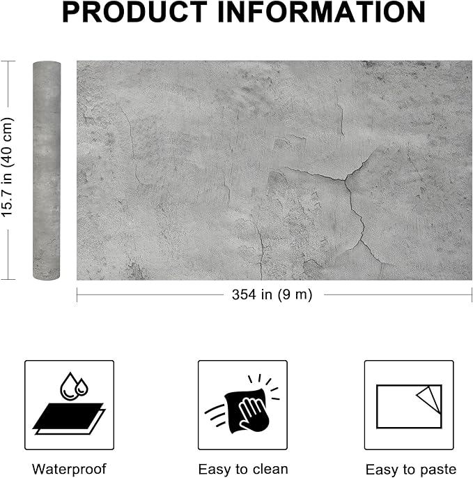WADILE Light Gray Concrete Wallpaper 15.7 in * 354 in, Cement Contact Paper 3D