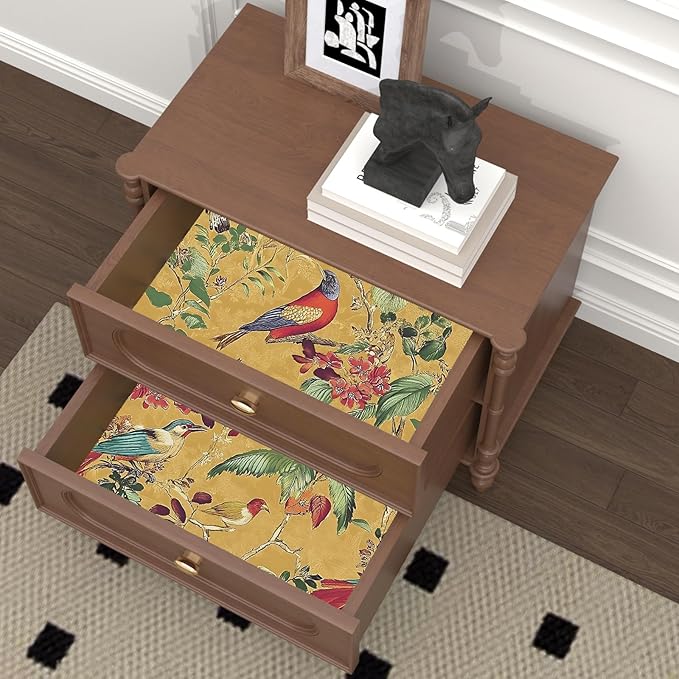 Vintage Floral Bird Wallpaper Peel and Stick, Boho Yellow Contact Paper