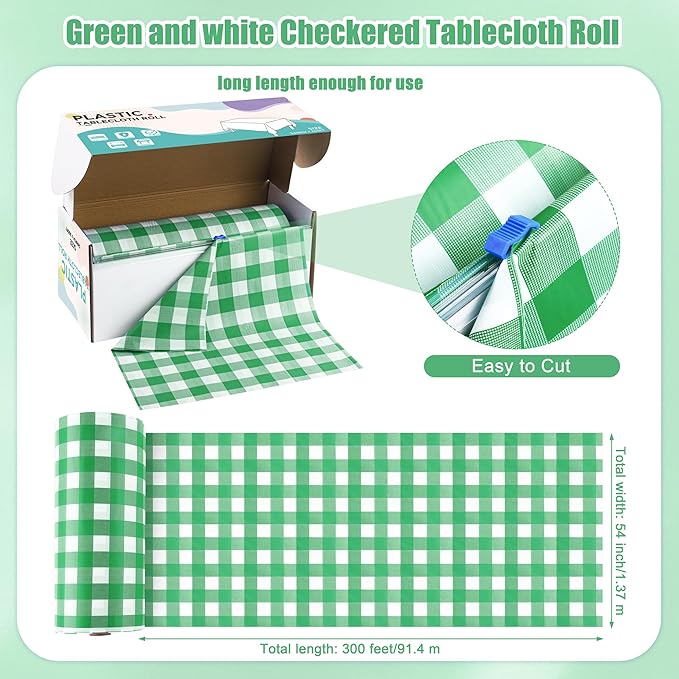 Kochorie 54 Inch x 300 Ft Light Green Checkered Plastic Table Cloth Roll