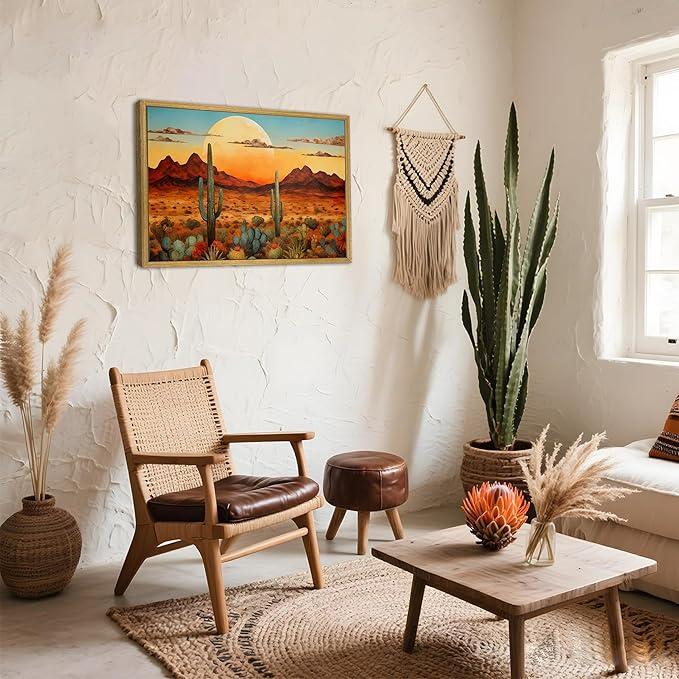 Framed Western Desert Sunset Cactus Wall Art, Vintage Southwest Nature