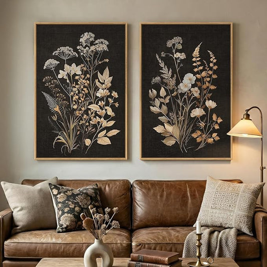 Large Framed Vintage Botanical Wall Art Set of 2, Neutral Farmhouse Moody