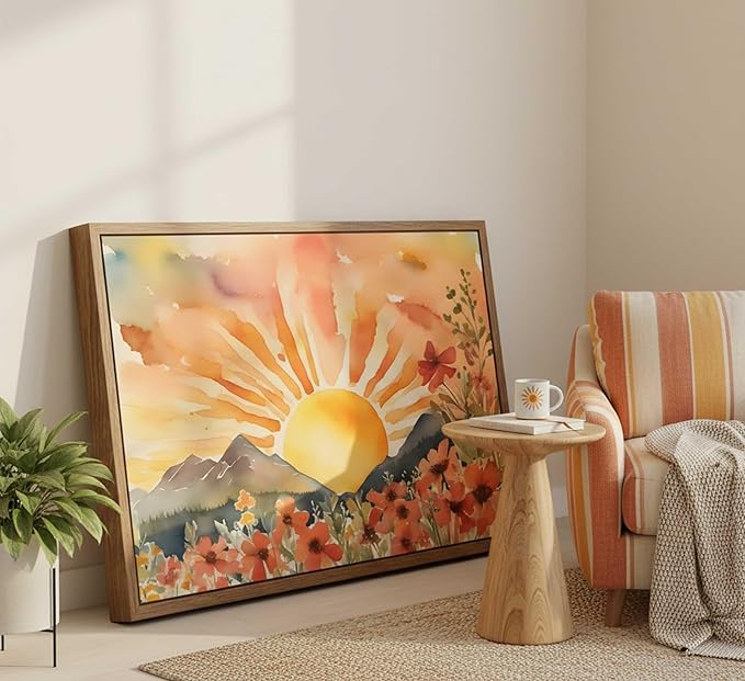Framed Boho Sun Canvas Wall art Mid-Century Modern Abstract Bohemian Sunset in