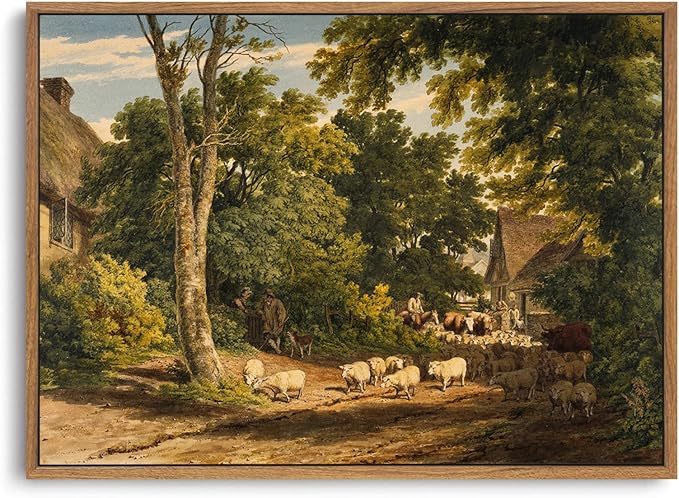 OIQArtOIQ Vintage Framed Wall Art Rural Farm Scene Canvas Art Prints
