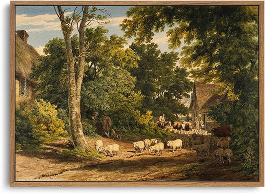 OIQArtOIQ Vintage Framed Wall Art Rural Farm Scene Canvas Art Prints