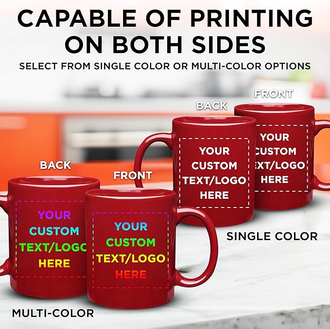 Custom Ceramic Coffee Mugs 11 oz. Set of 100, Personalized Bulk Pack - Coffee cup set, Iced coffee cup, Gaming mug - Red
