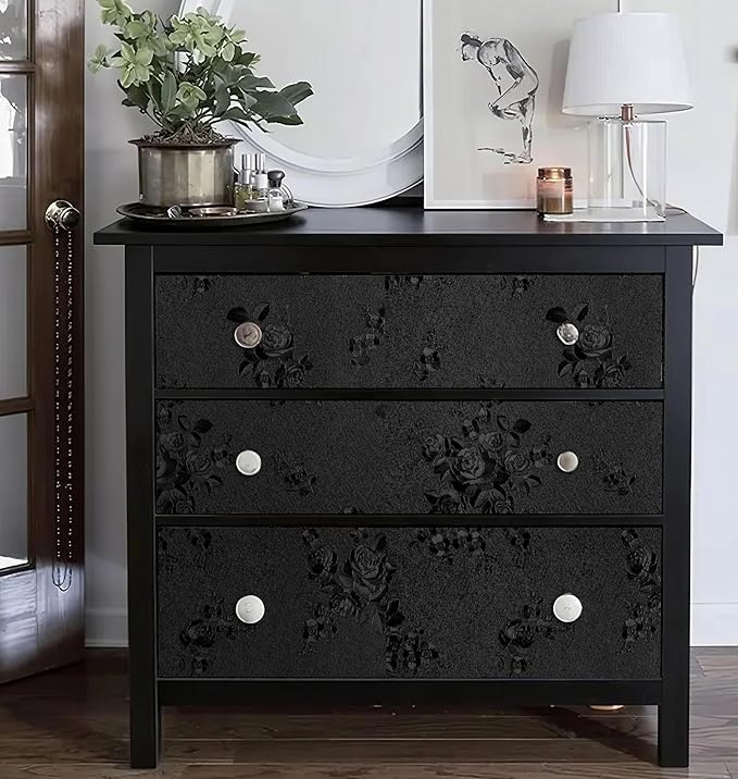 Erfoni Black Peel and Stick Wallpaper Black Floral Embossed Contact Paper