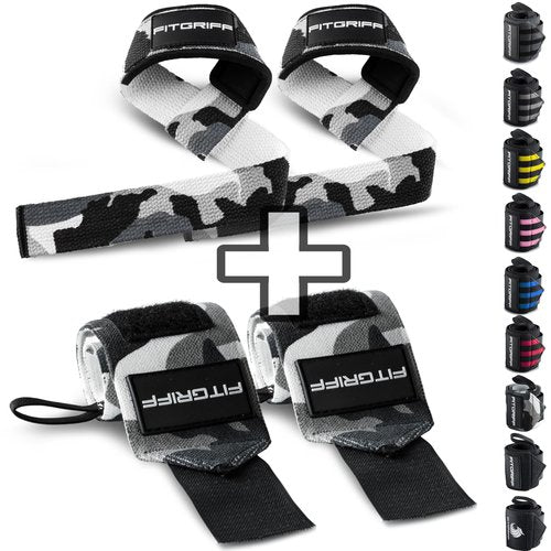 FitgriffÂ® Lifting Straps & Wrist Wraps (Bundle) Superior Support for Weightlifting & Gym Workouts - for Men and Women (Camo Grey)