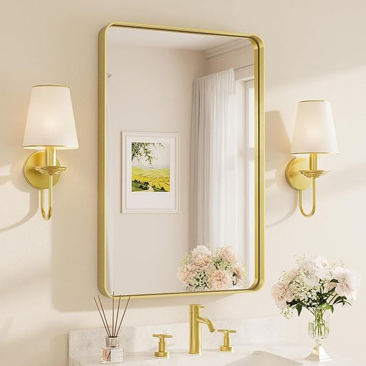 TETOTE Brushed Gold Bathroom Mirror, 24 x 36 Inch Metal Framed Mirror, Brushed
