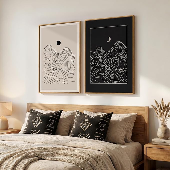Large Framed Black and Beige Neutral Abstract Wall Art