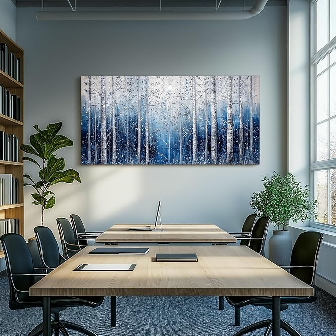 SERIMINO Birch Forest Wall Art, Nature Tree Extra Large Artwork, Spiritual Landscape Canvas Painting, Blue and White Aesthetic Pictures Wall Decor Living Room Bedroom Office Art Prints 29"X57"
