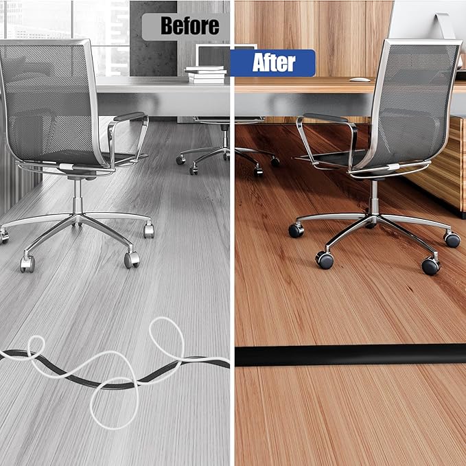 Floor Cord Cover Cavity 0.8"x0.37" Self Adhesive Cord Hider, 10FT Low Profile Cable Management, Extension Strip Protector for Wires, Prevent Cable Trips for Offices, Gyms, Exhibitions（Black）