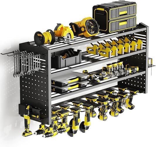 Tomorotec 4-Layer Wall-Mounted Power Tool Storage Rack, Heavy-Duty Steel Drill Organizer with Adjustable Shelves & Side Hooks for Toolbox, Easy Installation Garage & Workshop Storage (Black)
