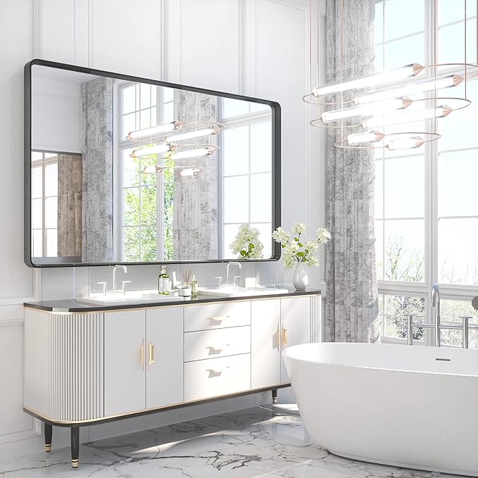 TETOTE 60 x 36 Inch Bathroom Mirror, Matte Black Metal Frame Modern Farmhouse