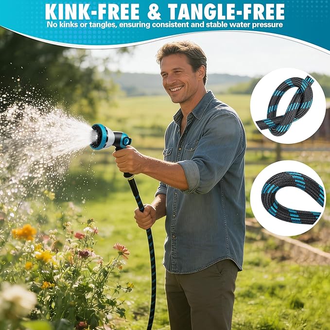 100FT Garden Hose, Non-Expandable Flexible Fabric Water Hose with 10-Function Spray Nozzle, Kink-Free Lightweight Yard Hose with 3/4" Solid Brass Connectors for Lawn, Outdoor, RV & Marine Use