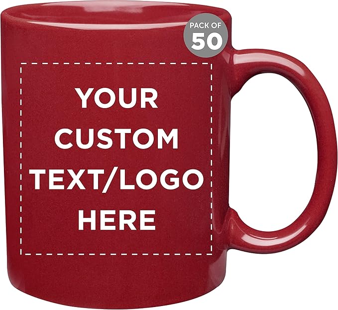 Custom Ceramic Coffee Mugs 11 oz. Set of 50, Personalized Bulk Pack - Coffee cup set, Iced coffee cup, Gaming mug - Red