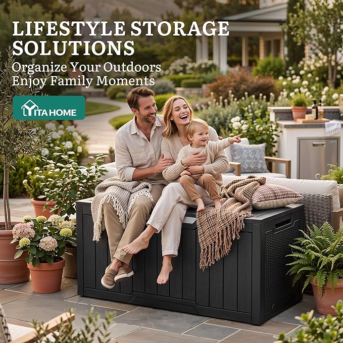 YITAHOME 100 Gallon Large Outdoor Storage Box, Water Resistant Resin Deck Box w/Silver Decorative PVC Trim Pane, Lockable Rattan Storage Container for Patio, Garden, Cushions, Tools(Black & Silver)