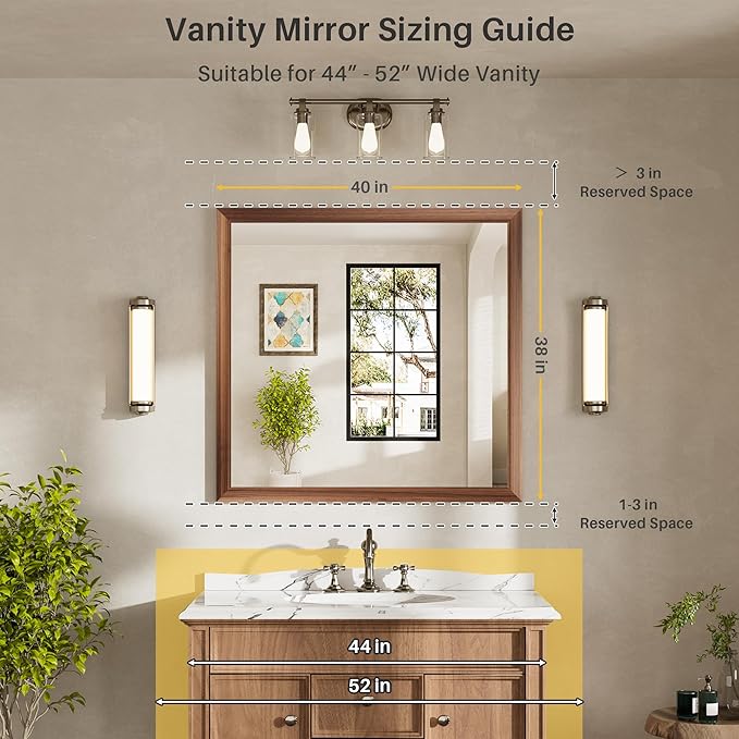 40x38 Inch Bathroom Mirror for Wall, Anti-Rust Walnut Wood Grain Metal Framed