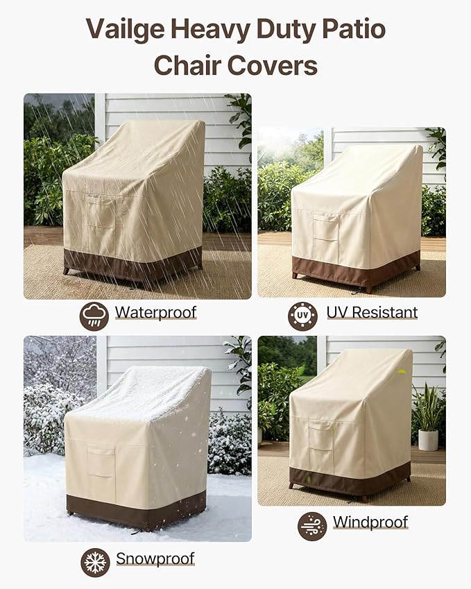 Vailge Stackable Patio Chair Cover,100% Waterproof Outdoor Chair Cover, Heavy Duty Lawn Patio Furniture Covers,Fits for 4-6 Stackable Dining Chairs,2 Pack-36"Lx28"Wx47"H,Beige&Brown