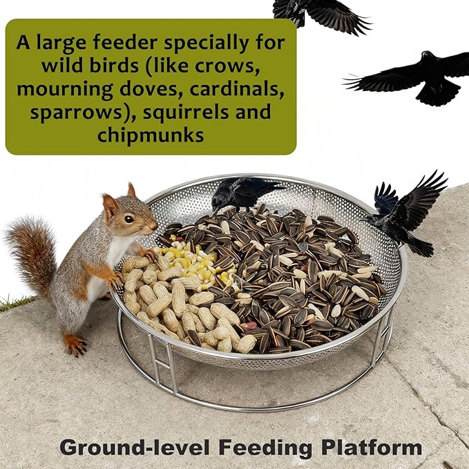 13-Inch Ground Bird Feeder and Bath Combo, Stainless Steel Ground Feeding Platform for Birds & Squirrels, with Dual Birdseed Mesh Trays, Birdbath, Attracting Creatures to Backyard, Patio