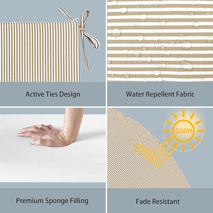 LVTXIII Outdoor Seat Cushions Seasonal Replacement Chair Cushions, Patio Chair Pads with Ties for Dining Chairs and Garden Furniture, Square Back, 22"x22"x3", 2 Pack, Strip Beige