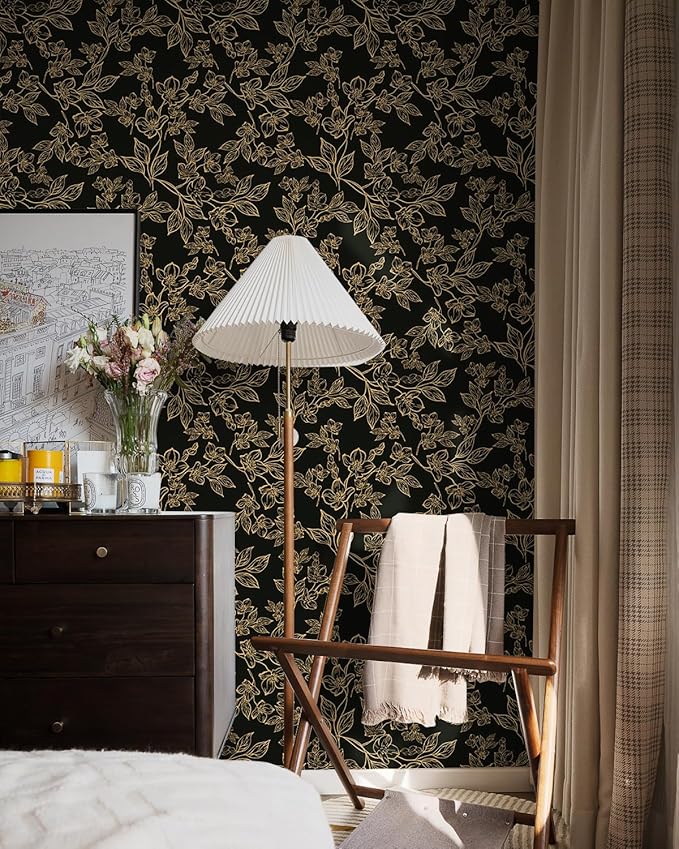 Ismoon Peel and Stick Wallpaper Black and Gold Stick on Wallpaper Dark Floral