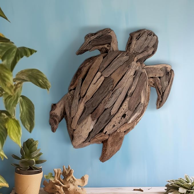 Wooden Driftwood Turtle Sculpture – Relaxed Coastal Room Decor Accent, Living Room or Patio Wall Display, Organic Texture and Artful Home Decor Silhouette – 16"x 22"x 3", Brown