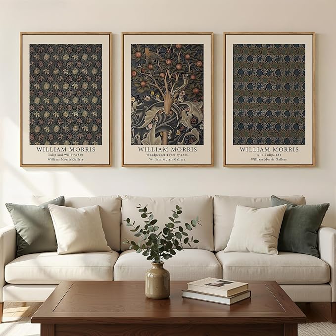 Framed Vintage William Morris Canvas Wall Art Set of 3, Nature Rustic Botanical