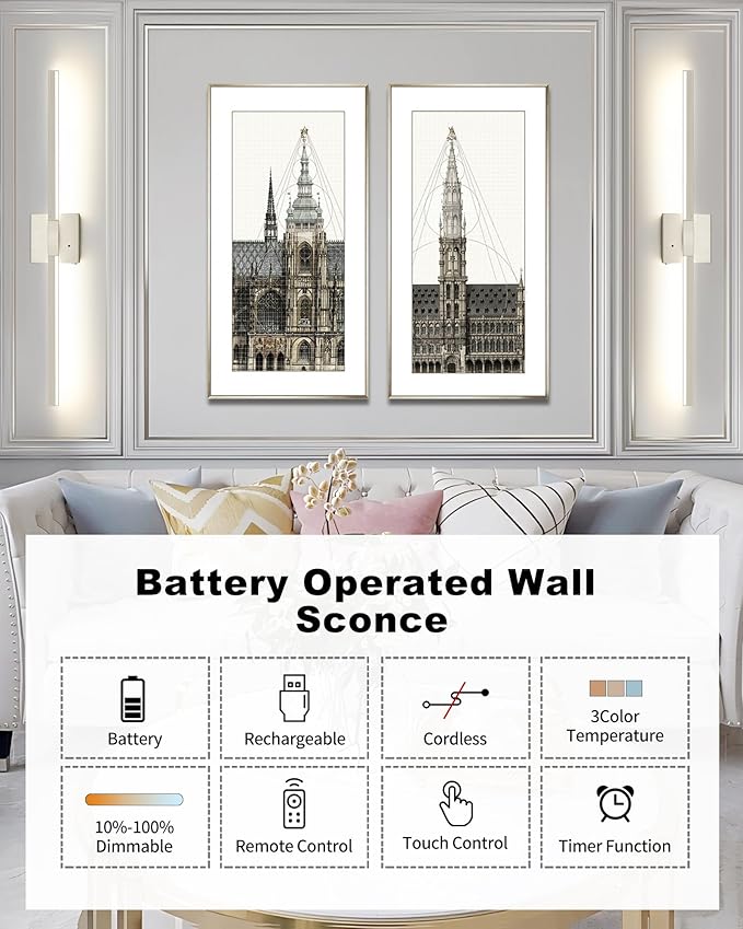 Rayogale Rechargeable Battery Operated Wall Sconce Set of Two, 24 Inch