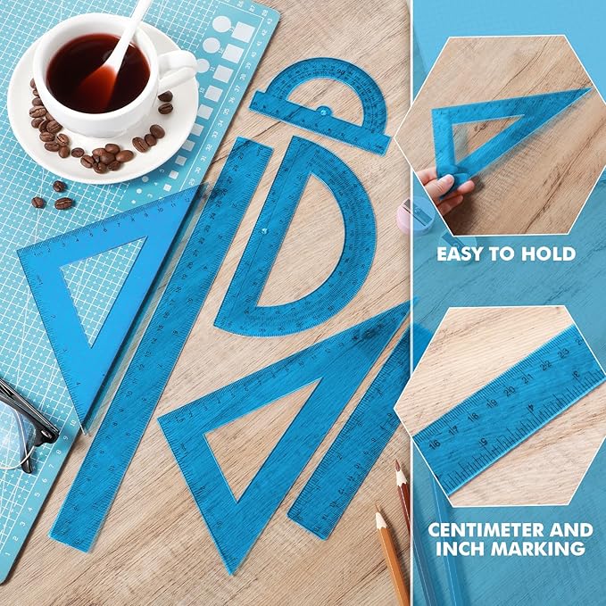 Tenare 6 Pcs Plastic Ruler Math Set Includes 12 Inch 6 Inch Straight Protractor Triangle Geometry Transparent Math Ruler Measuring Tools for School Office Home(Blue)
