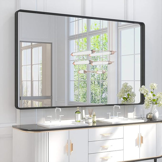 TETOTE 60 x 36 Inch Bathroom Mirror, Matte Black Metal Frame Modern Farmhouse