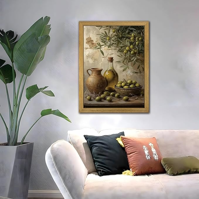 Wood Framed Olive Kitchen Wall Art, Vintage Rustic Still Life Canvas Print