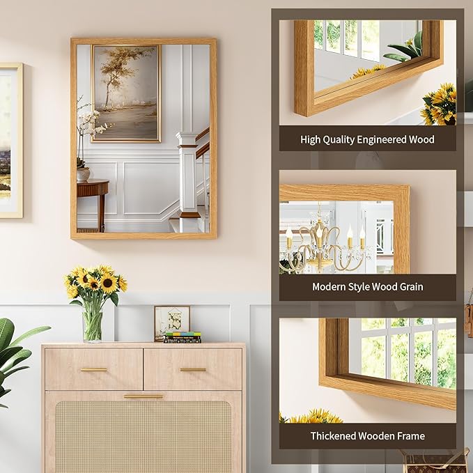 Syndra Natural Wood Frame Bathroom Mirror, 22x30'' Modern Vanity Mirror