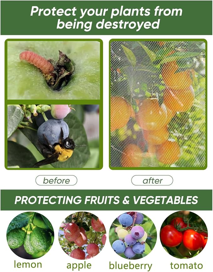 2 Pack Large Fruit Tree Netting with Zipper & Drawstring, 10 x 10 Ft Reusable Blueberry Bush Netting Cover, Durable Bird Netting for Trees, Bushes, Flowers
