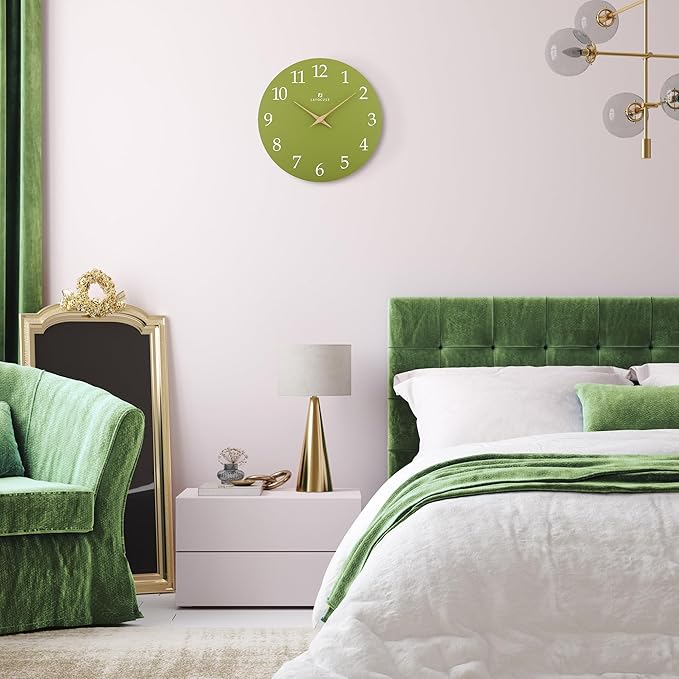 Lafocuse 12 Inch Wooden Olive Green Wall Clock Battery Operated Silent
