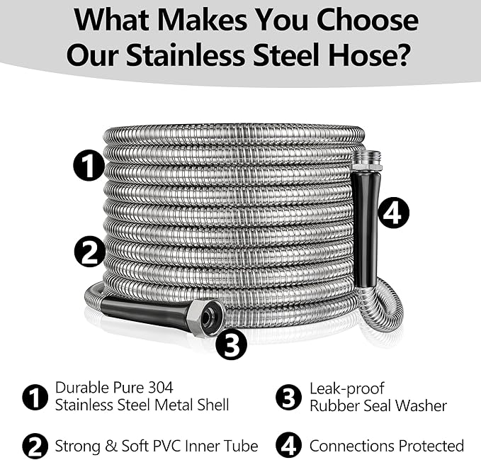 100ft Garden Hsoe - 2026 New 304 Stainless Steel Garden Hose with 3/4'' Fittings – Lightweight, Durable, and Kink-Free, Metal Water Hoses for Gardening