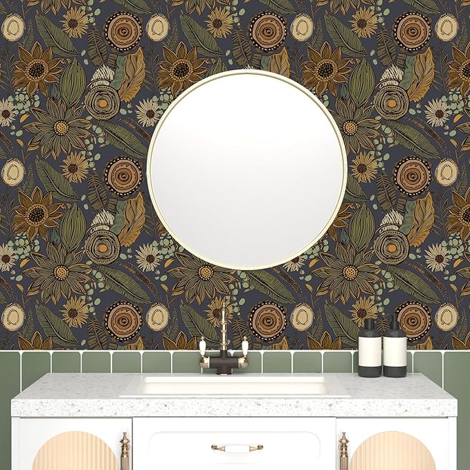 Boho Wallpaper Peel and Stick, Vintage Blue Yellow Floral Contact Paper 17.5" x