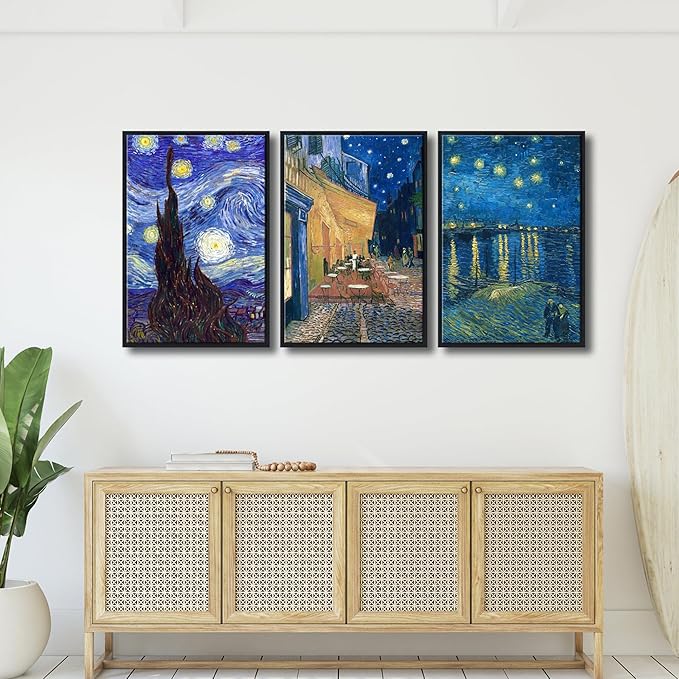 Wieco Art Black Framed 3 Panels Canvas Prints of Vincent Van Gogh Paintings