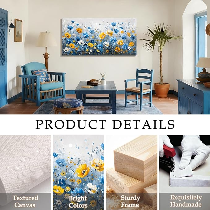 SERIMINO Extra Large Wall Art, Floral Wall Art, Nature Wall Decor, Boho Flower Market Prints, Blue Wildflowers Home Decorations, Aesthetic Pictures for Living Room Bedroom Dining Room Hallway 29"x57"