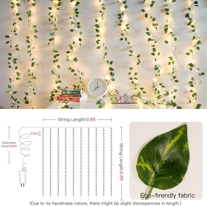 suddus 300 LED Vines with Lights Plug in, 9.8ft x 9.8ft Fairy Lights with Vines