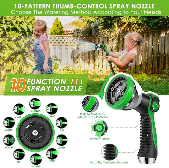 Garden Hose 100 ft, Non-Expandable Ultra-Lightweight Flexible Hose with 360° Dual-End Anti-Kink Design, 10-Pattern Spray Nozzle, 500 PSI Leak-Proof, 96-Strand Braided Fabric, Storage Strap