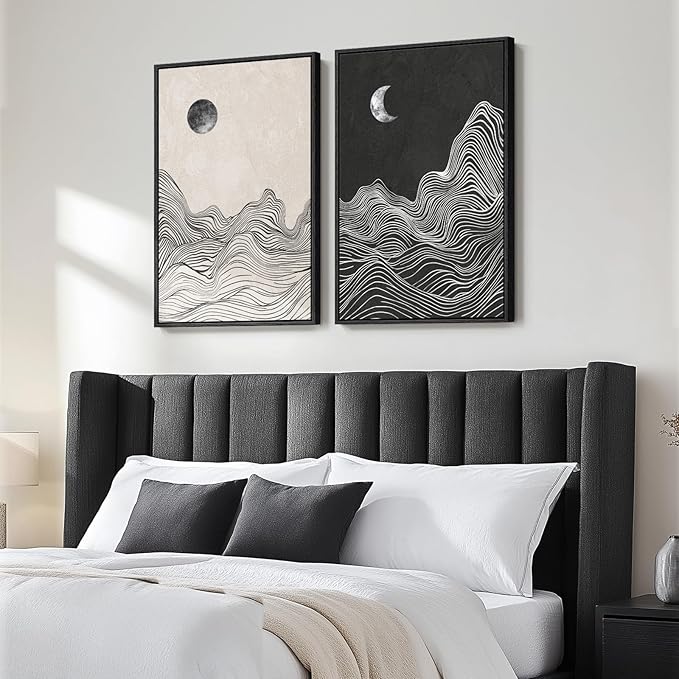 Large Framed Black and White Abstract Wall Art, Abstract Mountain and Moon