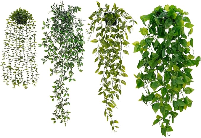 BLEUM CADE Fake Hanging Plants Mixed Set, Faux Hanging Potted Plants Greenery